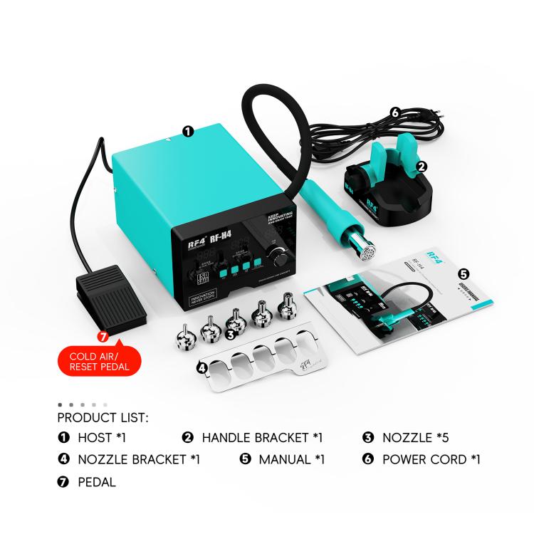 Hot air rework station kit with teal unit, cold air pedal, nozzles, and manuals