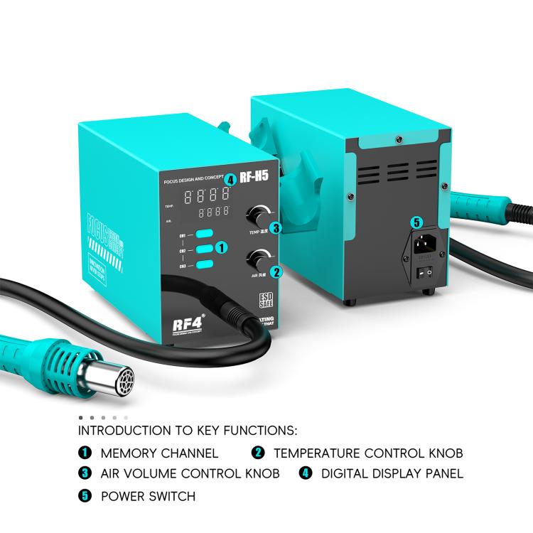 RF4 RF-H5 hot air rework station showing front panel controls and power switch