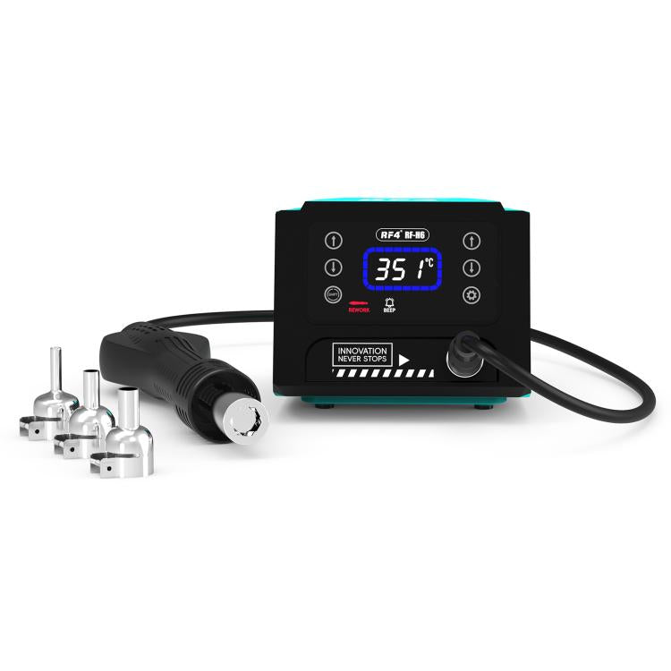 Turquoise hot air rework station front with black control panel and temperature display