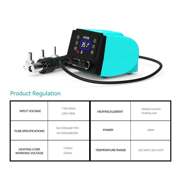 Hot air rework station with digital screen, black handle, and three nozzle tips