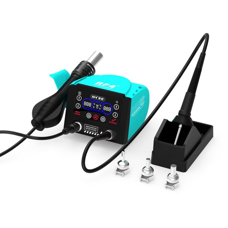 Digital hot air gun station with soldering iron, control display, and black cradle stand