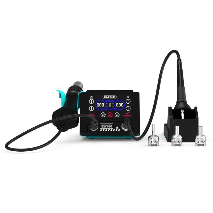 Digital hot air gun and soldering/desoldering station with nozzle, display, and iron stand