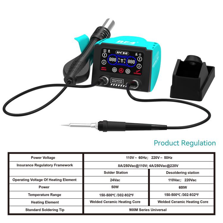 Teal hot air gun station kit with control screen, soldering iron, and black power cradle