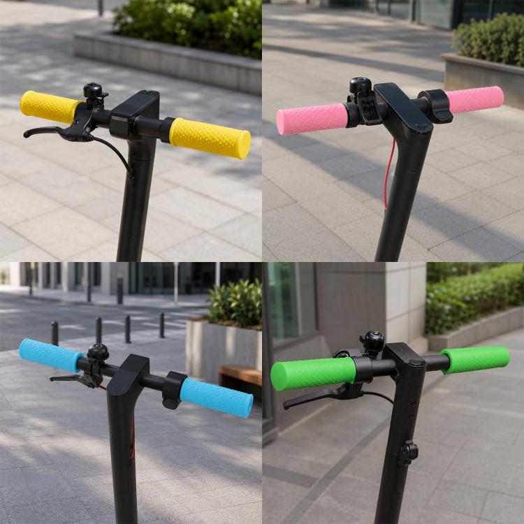 Scooter handlebar silicone anti-slip covers shown in yellow, pink, green, and blue