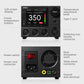 Black control panel of soldering station with temperature knob, LCD display, and switch