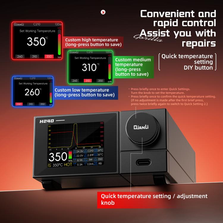 Smart soldering station front panel with color screen and temperature adjustment controls