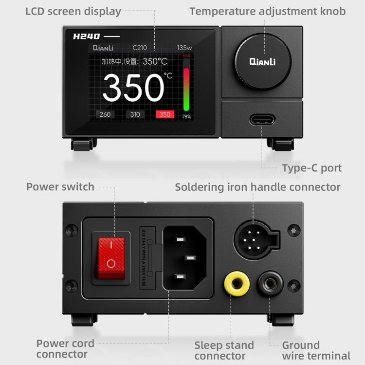 Smart soldering station front and back controls with temperature knob and Type-C port