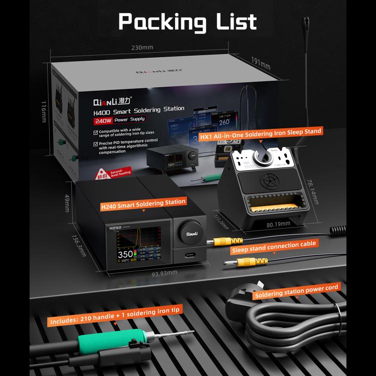 Smart soldering station packaging with accessories, cables, and sleep stand kit contents