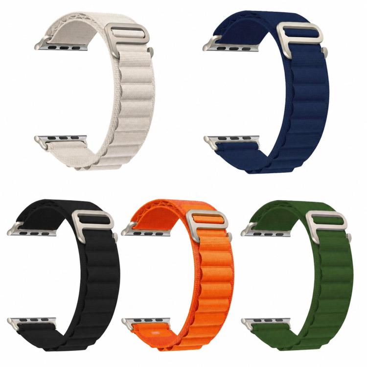 Five nylon loop watch bands in beige, navy, black, orange, and green with metal hooks