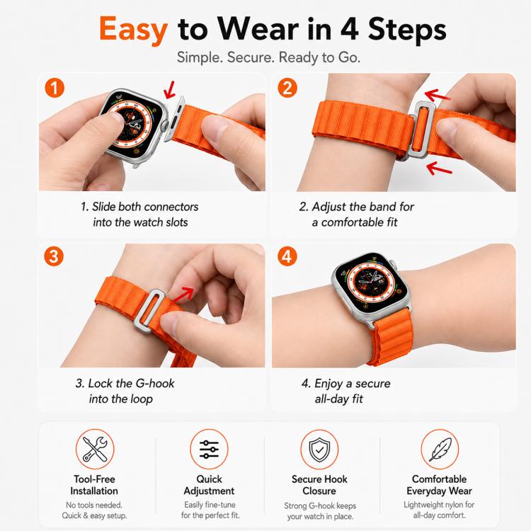 Orange nylon loop watch band installation, adjustment, and G-hook fastening steps