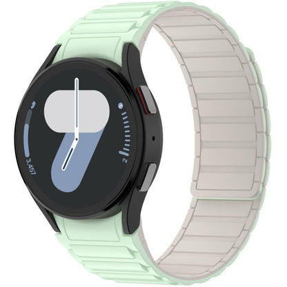 Mint green silicone watch band with light inner panels, fitted to a round smartwatch