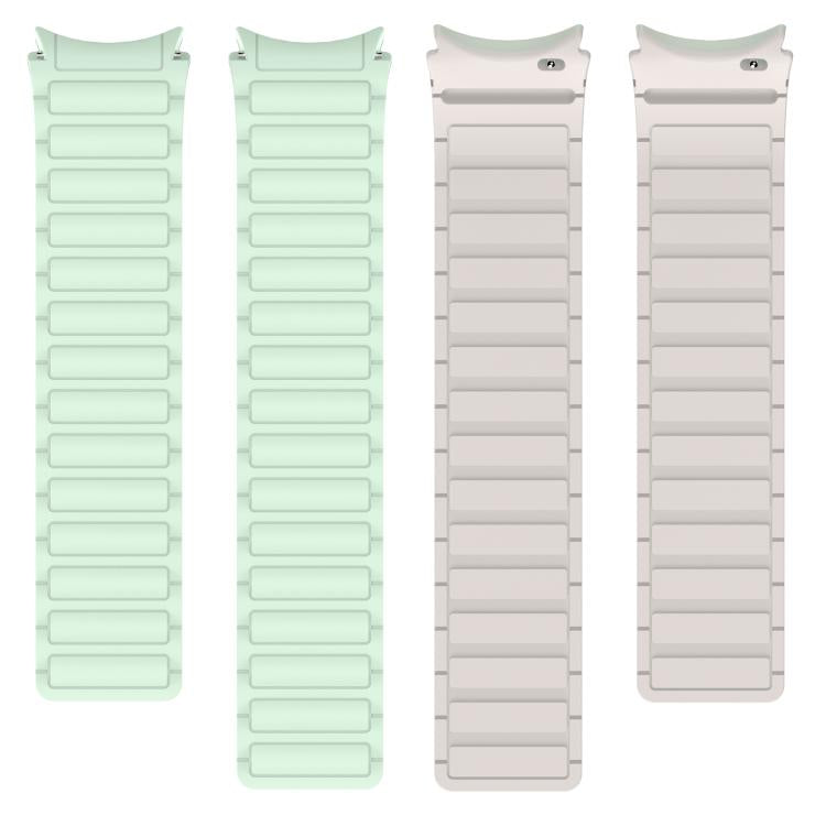 Mint green and light gray silicone watch band halves with segmented links, shown flat