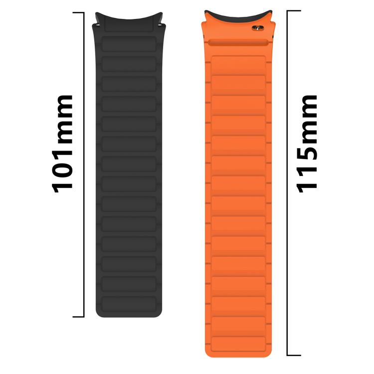 Magnetic silicone watch band shown as separate black 101 mm and orange 115 mm straps