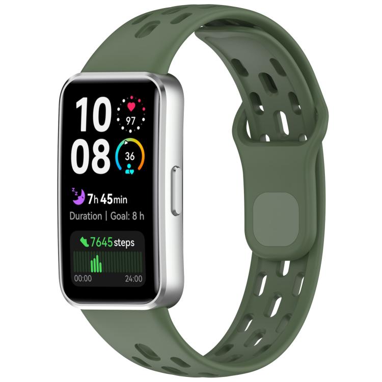 Dark green perforated watch band fitted to a rectangular smartwatch