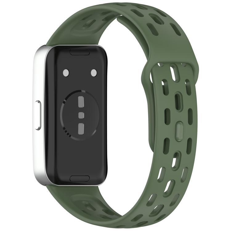 Dark green breathable watch band with rows of holes, shown from the back