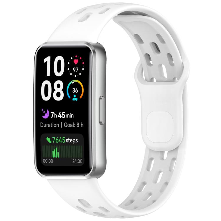 White perforated watch band fitted to a rectangular smartwatch