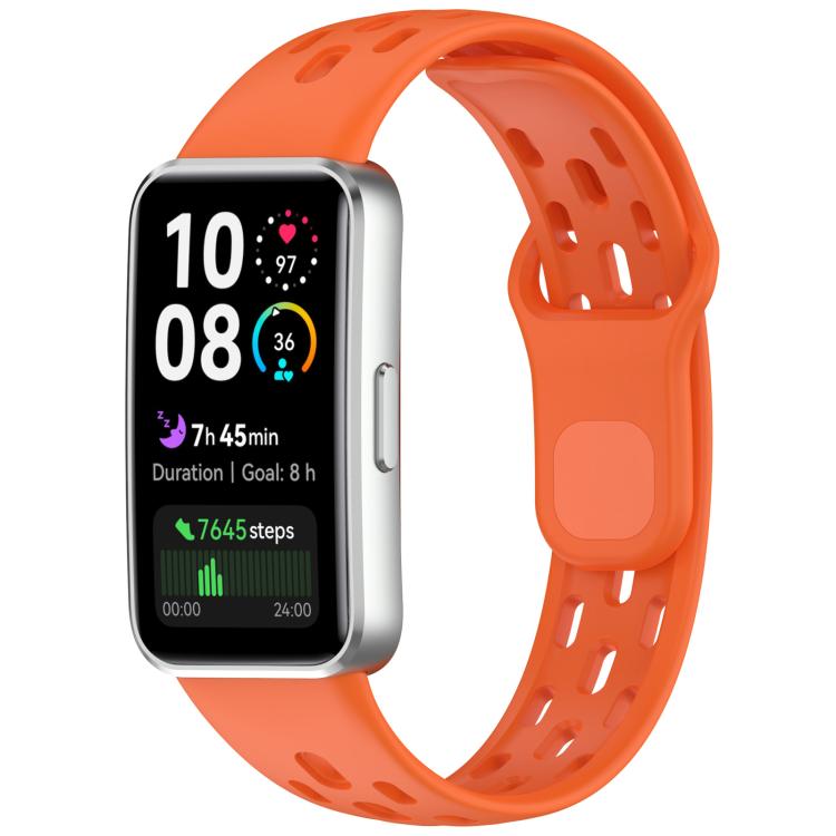 Orange perforated watch band fitted to a rectangular smartwatch