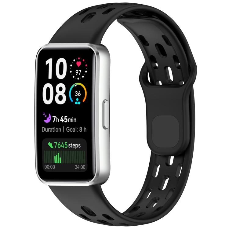 Black perforated watch band fitted to a rectangular smartwatch