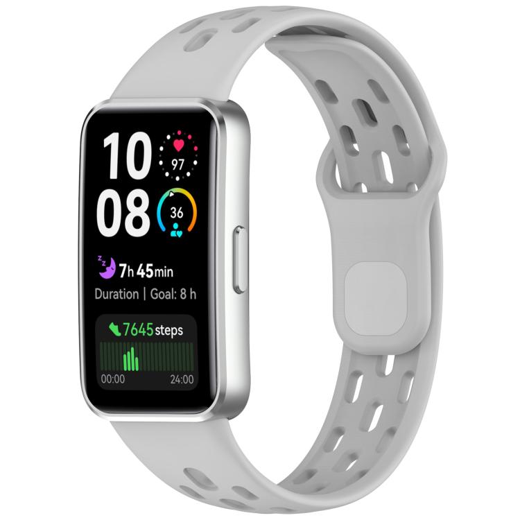 Gray perforated watch band fitted to a rectangular smartwatch