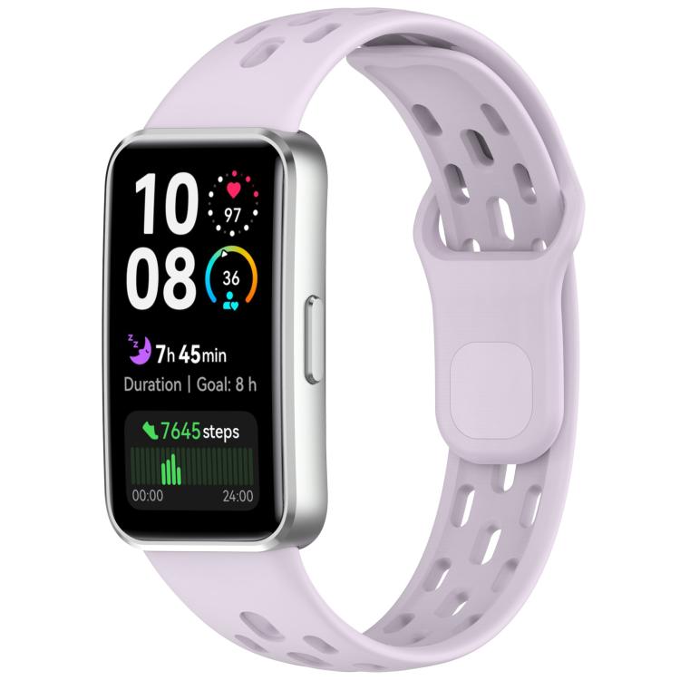 Light purple perforated watch band fitted to a rectangular smartwatch