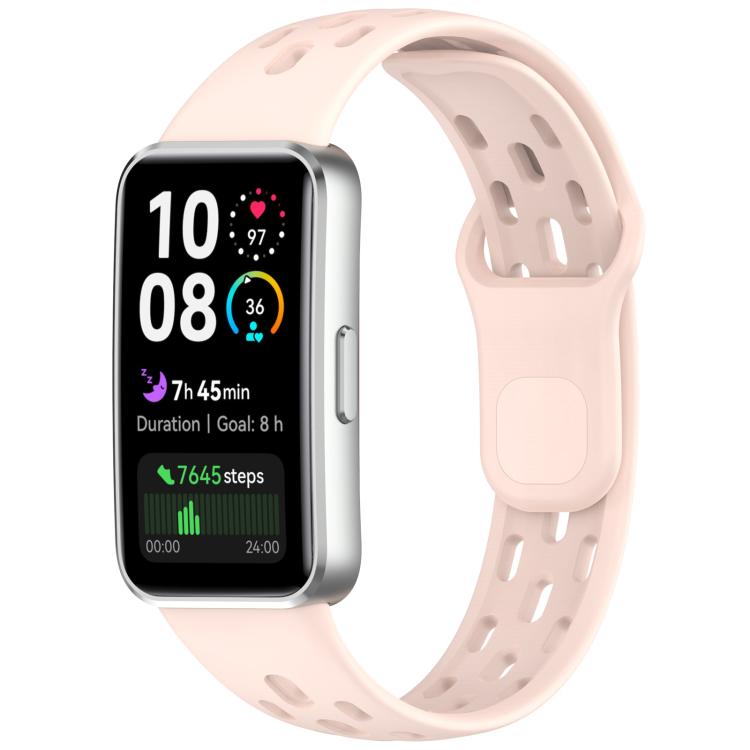 Light pink perforated watch band fitted to a rectangular smartwatch