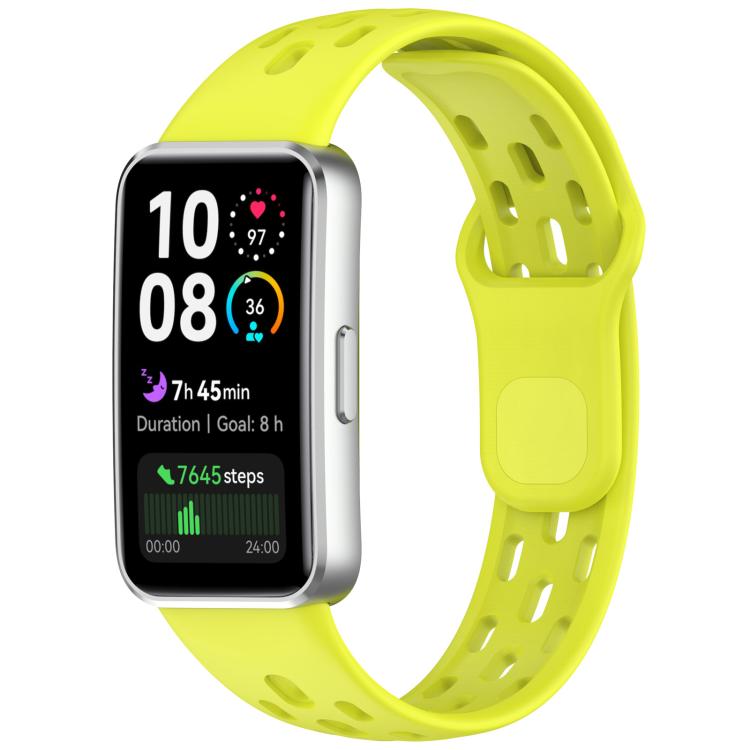 Bright yellow-green perforated TPU watch band fitted to a silver smartwatch