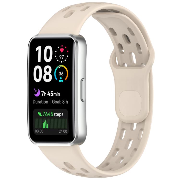 Ivory perforated TPU watch band fitted to a silver smartwatch