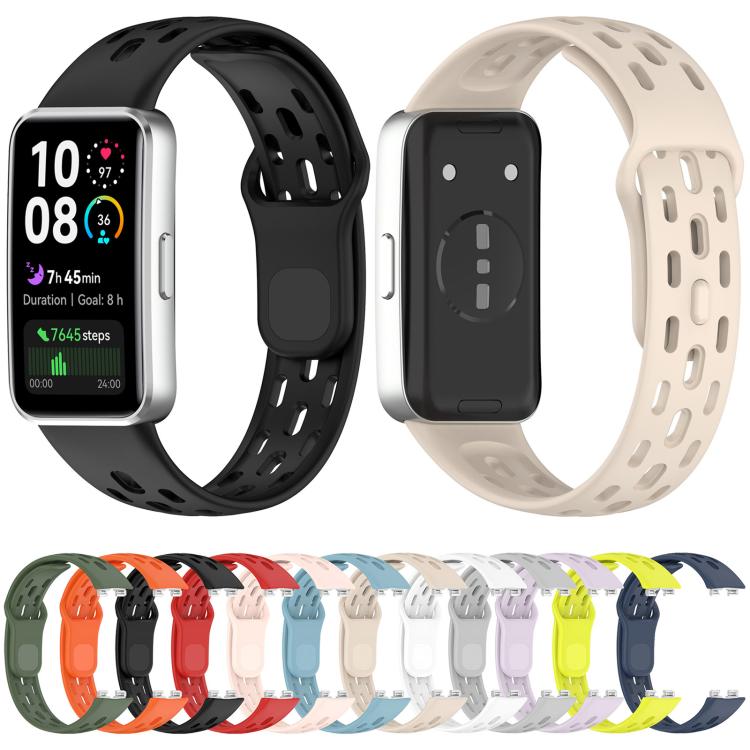 Perforated TPU watch bands in black and ivory, shown fitted and from the back