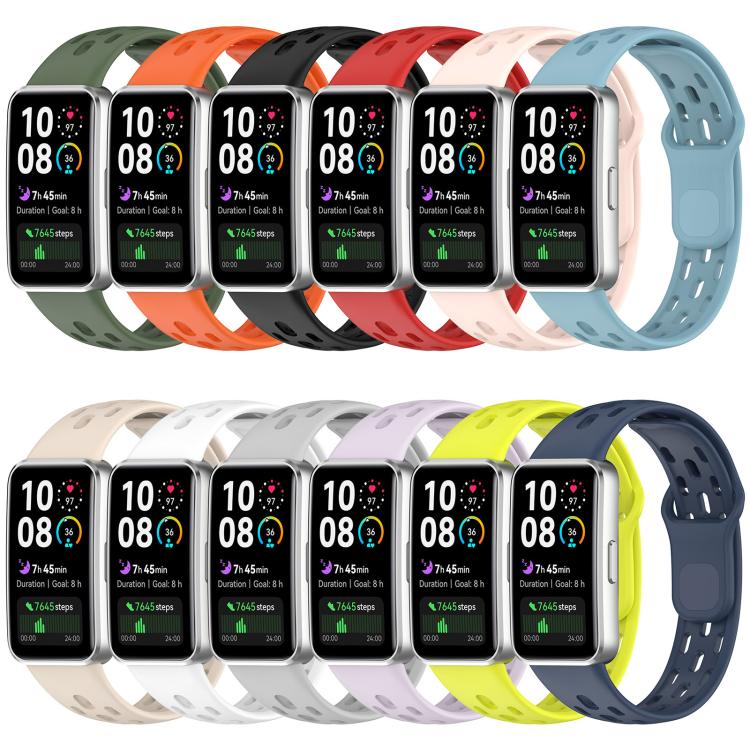 Perforated TPU watch bands for Huawei Band in multiple colors, shown fitted