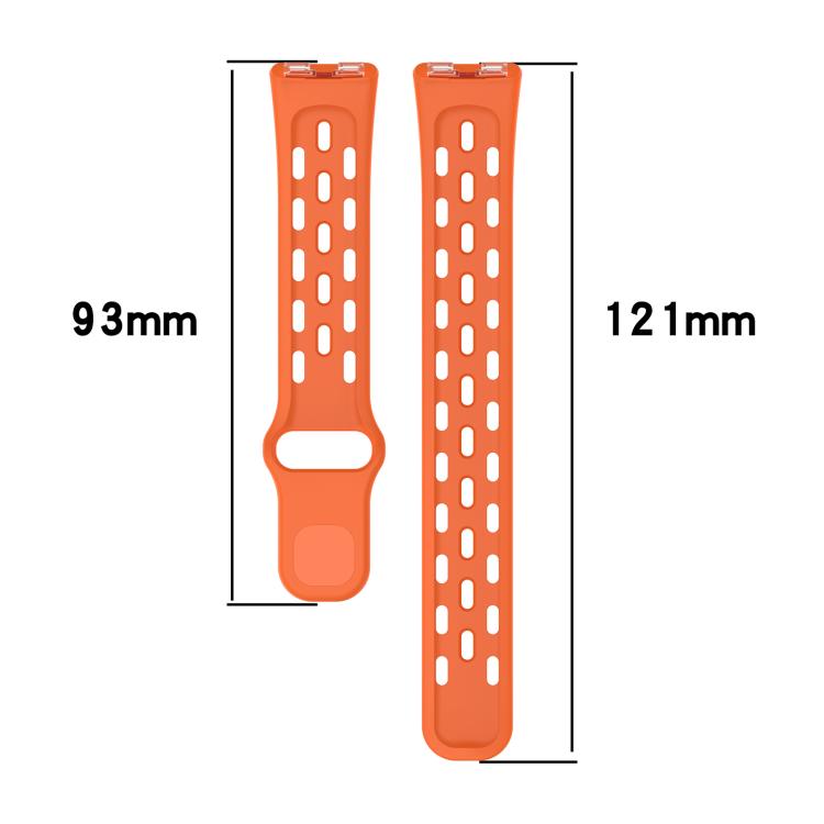 Orange perforated TPU watch band in two strap lengths, marked 93 mm and 121 mm