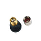 Two tire valve adapters: brass and silver metal caps with black rubber bases