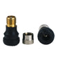 Scooter tire valve adapter set with brass threaded insert, silver cap, and black base