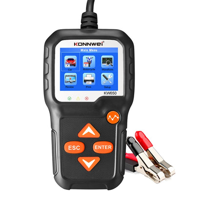 Handheld car battery tester with color display and red/black alligator clip leads