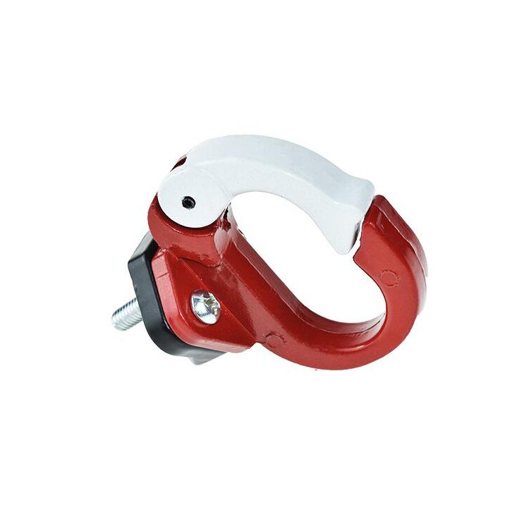 Red alloy steel front scooter hook with mounting bolt and clamp