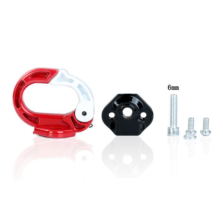 Red front scooter hook with black mounting plate and mounting hardware set