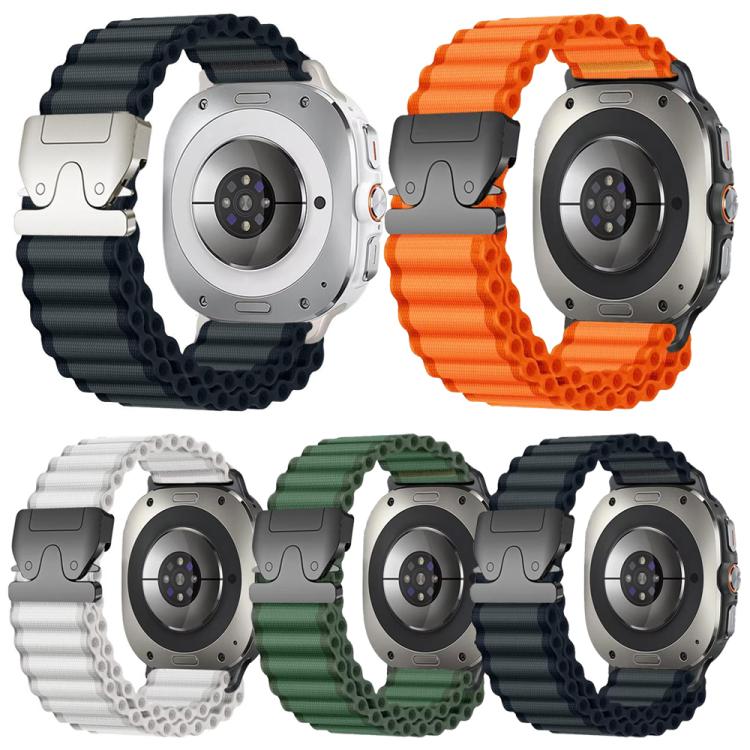 Five rippled nylon watch bands in black, orange, white, and green with buckle clasps