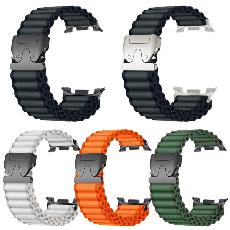 Five rippled nylon watch bands in dark, white, orange, and green with parachute-style buckles