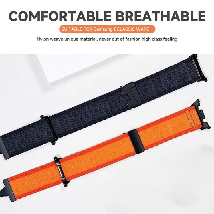 Navy and orange nylon watch bands laid flat, showing their adjustable loops and clasps