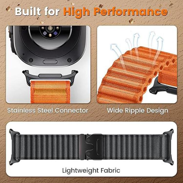 Black nylon watch band with ripple texture, steel connectors, and lightweight fabric detail
