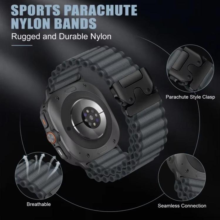 Dark nylon sport watch band with rippled texture and parachute-style clasp