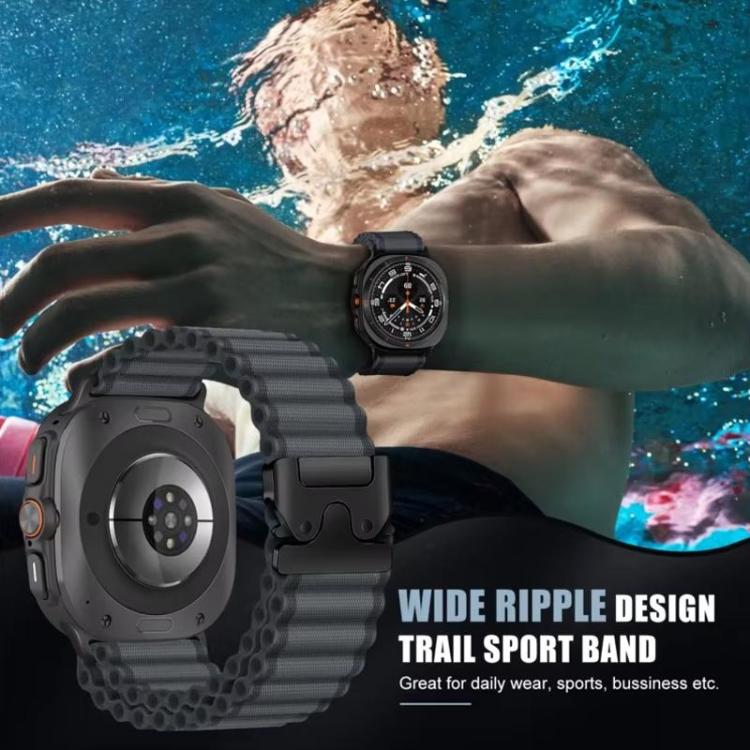 Dark rippled nylon watch band shown on a watch and beside it