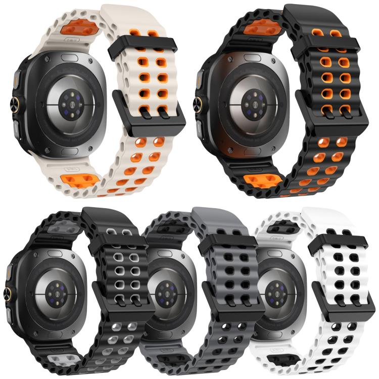 Five silicone watch bands in cream, black, and gray, with orange dual-row holes and black buckles