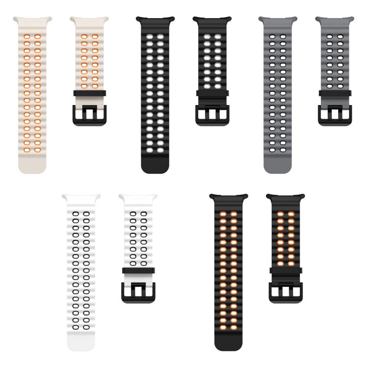 Five two-piece silicone watch bands in cream, black, gray, and white with perforations and buckles
