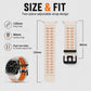 Cream and orange two-piece silicone watch band with dual-row holes and black buckle, shown with measurements