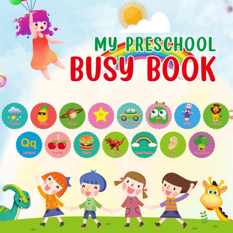 Preschool busy book cover with colorful characters and letters icons