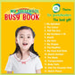 Preschool busy book cover with smiling child and 15 theme list