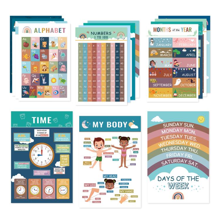 Children learning poster set with alphabet, numbers, months, and days of the week charts