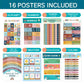 Children learning poster set, 16 charts showing alphabet, numbers, months, weather, colors