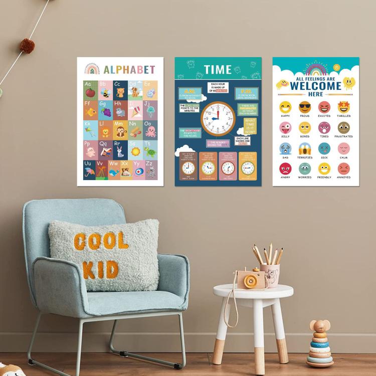 Set of three children learning posters: alphabet, time, and welcome; wall charts