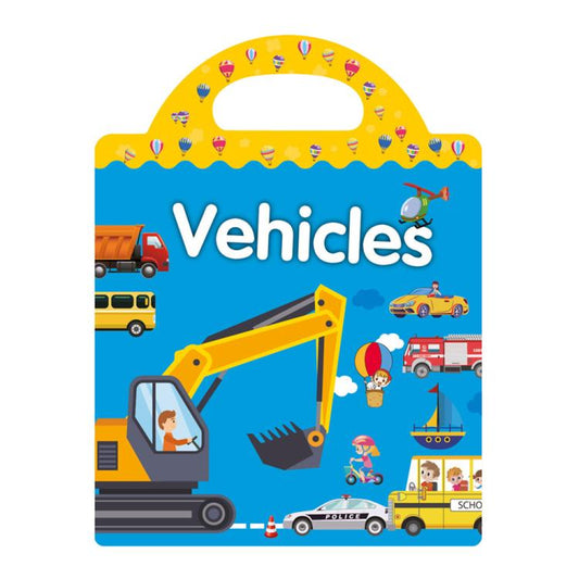 Reusable waterproof sticker set with Vehicles theme, featuring buses, cars, trucks, and boats